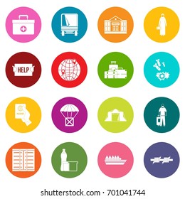 Refugees problem icons many colors set isolated on white for digital marketing