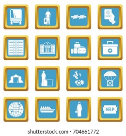 Refugees problem icons set in azur color isolated vector illustration for web and any design