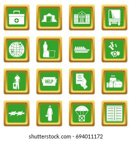 Refugees problem icons set in green color isolated vector illustration for web and any design