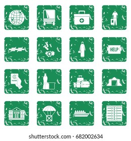 Refugees problem icons set in grunge style green isolated vector illustration