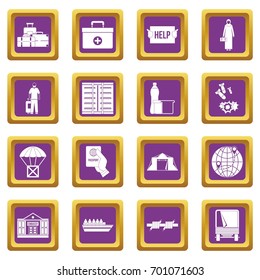 Refugees problem icons set in purple color isolated vector illustration for web and any design