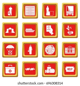 Refugees problem icons set in red color isolated vector illustration for web and any design