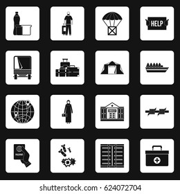 Refugees problem icons set in white squares on black background simple style vector illustration