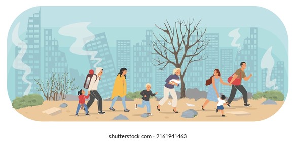 Refugees running away from ruined city vector illustration. Ukraine family, survival people escaping from war conflict leaving destroyed home house