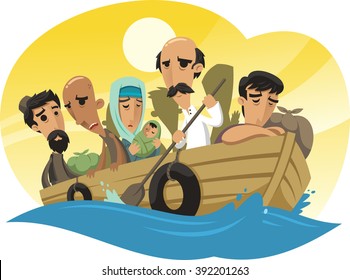 Refugees sailing on a raft to the sea with hope of salvation illustration