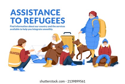 Refugio para refugiados. Guerra y crisis mujeres y niños sin hogar. Los voluntarios prestan asistencia. Ilustración vectorial plana.