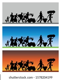 Refugees silhouette with different backgrounds. The silhouette objects and backgrounds are in different layers. 