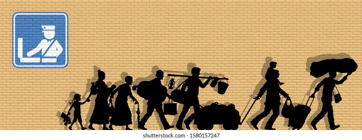 Refugees silhouette in front of brick Wall. The silhouette objects and background are in different layers. 