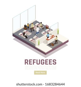 Refugees stateless people asylum seekers center interior isometric composition with reception and housing unit vector illustration 