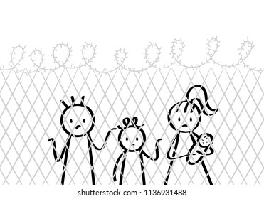 Refugees, stick figures family, mother with children, at the border, behind fence, in prison, isolated on white background