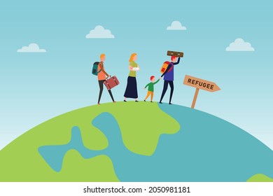 Concepto vectorial de los refugiados: Grupo de refugiados caminando juntos por el mundo mientras llevan bolsas y maletas