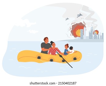 Refugees vector. Family running in boat from war conflict torn country. Humanitarian catastrophe, emigrants with children leaving city. Antiwar concept