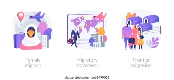 Refugees Of War And Gender Discrimination Metaphors. Female Migrant, Migratory Movement, Frontier Emigration. Asylum Seekers Community Abstract Concept Vector Illustration Set.