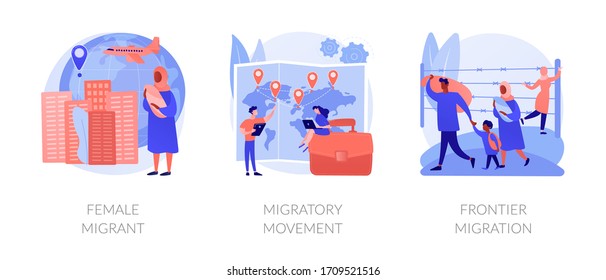 Refugees of war and gender discrimination metaphors. Female migrant, migratory movement, frontier emigration. Asylum seekers community abstract concept vector illustration set.