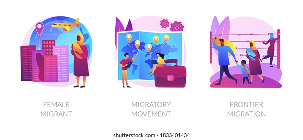 Refugees Of War And Gender Discrimination Metaphors. Female Migrant, Migratory Movement, Frontier Emigration. Asylum Seekers Community Abstract Concept Vector Illustration Set.