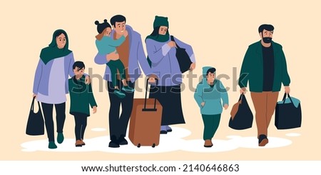 Refugees. Woman with a child. A man with a child in his arms. Pregnant. Family. People are being evacuated from the war zone. Vector image. Stockfoto © 