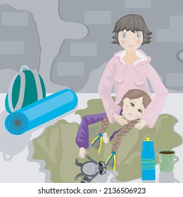 Refugees: A woman with a daughter on her lap. Nearby carimate, backpack, cup with a warm drink, thermos. Behind the wall with a climbing curtain. Vector graphics