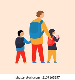 Refugees women with children are resettled from a country where there is a war. Mom with son and daughter are dressed in multi-colored clothes and carry backpacks. Flat vector.