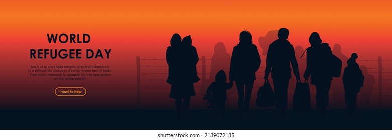 Refugees. World Refugee Day. People are being evacuated from the war zone. Women, children, old people go with their things. Vector image.