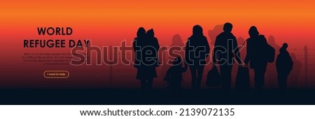 Refugees. World Refugee Day. People are being evacuated from the war zone. Women, children, old people go with their things. Vector image. Stockfoto © 