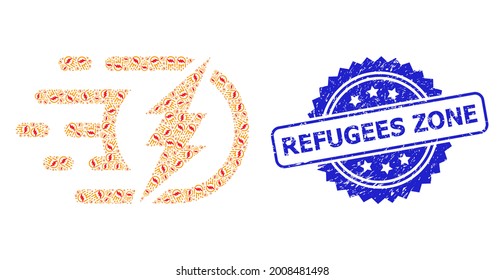 Refugees Zone rubber stamp seal and vector recursive composition electrical charge. Blue stamp seal includes Refugees Zone caption inside rosette.