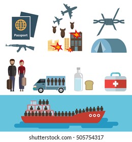 Refugee.vector. concepto de víctimas de la guerra. elementos infográficos. conjunto de iconos planos diseño de caricaturas. encabezado del banner. ilustración. aislado de fondo blanco y azul.