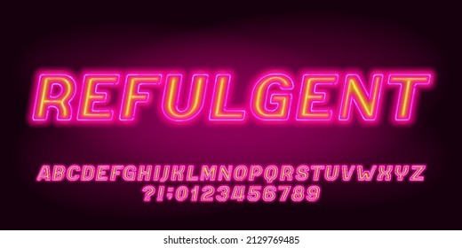 Refulgent alphabet font. Two color neon letters, numbers and symbols. Stock vector typescript for your design.