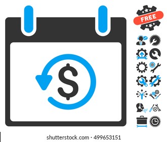 Refund Calendar Day icon with bonus options icon set. Vector illustration style is flat iconic symbols, blue and gray, white background.