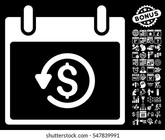 Refund Calendar Day icon with bonus calendar and time management design elements. Vector illustration style is flat iconic symbols, white, black background.