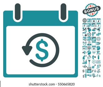 Refund Calendar Day pictograph with bonus calendar and time management icon set. Vector illustration style is flat iconic symbols, soft blue, white background.