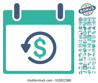 Refund Calendar Day pictograph with bonus calendar and time management pictograms. Vector illustration style is flat iconic symbols, cobalt and cyan, white background.