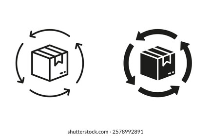 Refund Cardboard Packaging Sign. Return Parcel Line and Silhouette Icon Set. Editable Stroke. Isolated Vector Illustration.