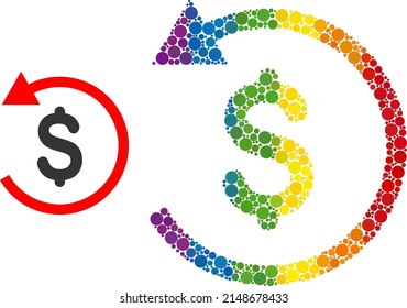 Refund collage icon of spheric dots in various sizes and rainbow colored color tinges. A dotted LGBT-colored refund for lesbians, gays, bisexuals, and transgenders. Vector icon in LGBT flag colors.