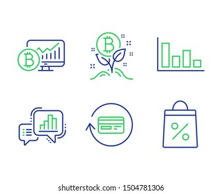 Refund commission, Bitcoin project and Bitcoin chart line icons set. Graph chart, Histogram and Shopping bag signs. Cashback card, Cryptocurrency startup, Cryptocurrency statistics. Vector