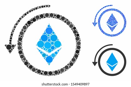 Refund Ethereum crystall composition of small circles in variable sizes and shades, based on refund Ethereum crystall icon. Vector small circles are grouped into blue collage.