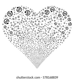 Refund fireworks with heart shape. Vector illustration style is flat black iconic symbols on a white background. Object valentine heart created from scattered symbols.