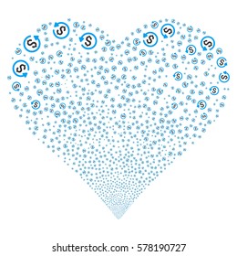 Refund fireworks with heart shape. Vector illustration style is flat blue and gray iconic symbols on a white background. Object valentine heart constructed from random symbols.