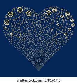 Refund fireworks with heart shape. Vector illustration style is flat yellow iconic symbols on a blue background. Object love heart made from confetti design elements.