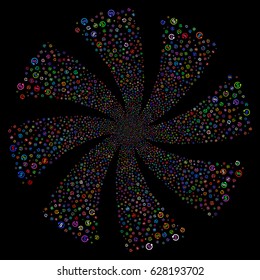 Refund fireworks swirl rotation. Vector illustration style is flat bright multicolored iconic symbols on a black background. Object whirl made from random design elements.