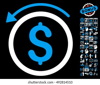 Refund icon with bonus calendar and time management icon set. Vector illustration style is flat iconic bicolor symbols, blue and white colors, black background.