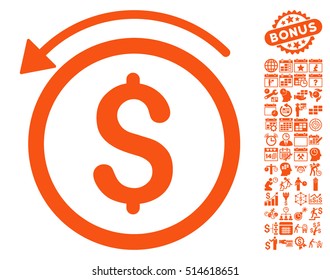 Refund icon with bonus calendar and time management pictures. Vector illustration style is flat iconic symbols, orange color, white background.
