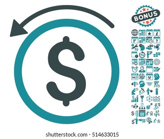 Refund icon with bonus calendar and time management design elements. Vector illustration style is flat iconic bicolor symbols, soft blue colors, white background.