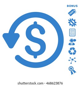Refund icon with bonus pictograms. Vector illustration style is flat iconic symbols, cobalt color, white background, rounded angles.