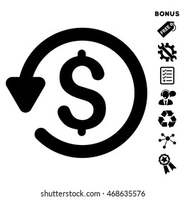 Refund icon with bonus pictograms. Vector illustration style is flat iconic symbols, black color, white background, rounded angles.