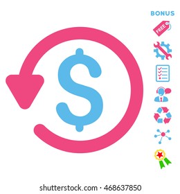 Refund icon with bonus pictograms. Vector illustration style is flat iconic bicolor symbols, pink and blue colors, white background, rounded angles.