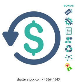 Refund icon with bonus pictograms. Vector illustration style is flat iconic bicolor symbols, cobalt and cyan colors, white background, rounded angles.