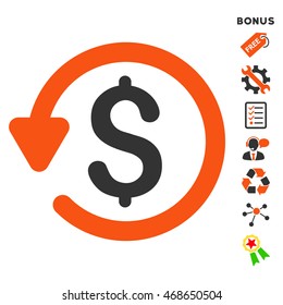 Refund icon with bonus pictograms. Vector illustration style is flat iconic bicolor symbols, orange and gray colors, white background, rounded angles.