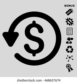 Refund icon with bonus pictograms. Vector illustration style is flat iconic symbols, black color, light gray background, rounded angles.