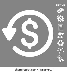 Refund icon with bonus pictograms. Vector illustration style is flat iconic symbols, white color, gray background, rounded angles.