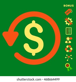 Refund icon with bonus pictograms. Vector illustration style is flat iconic bicolor symbols, orange and yellow colors, green background, rounded angles.